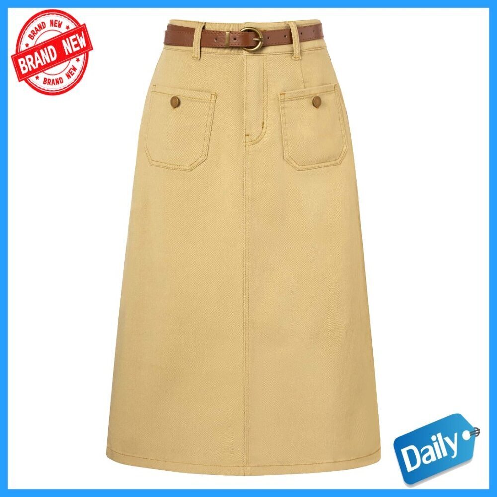 High Waisted Denim Skirt with Removable Belt, Knee Length, Patch Pockets